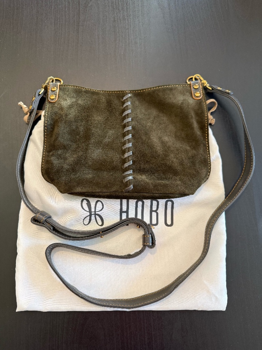 HOBO Suede Crossbody Bag Olive Green Leather Trim Adjustable Strap Whipstitch